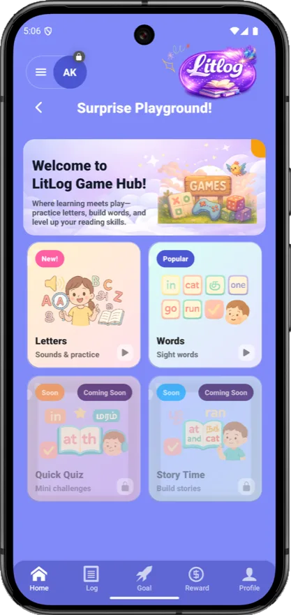 The LitLog game hub for letter and word practice