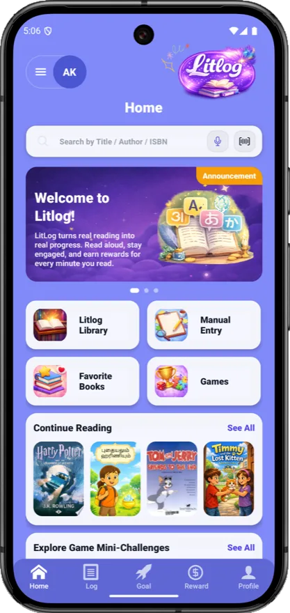 LitLog home screen with the library, favourites, games and books in progress