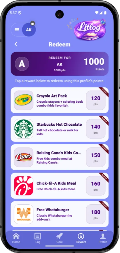 The rewards catalogue showing prizes and their point costs