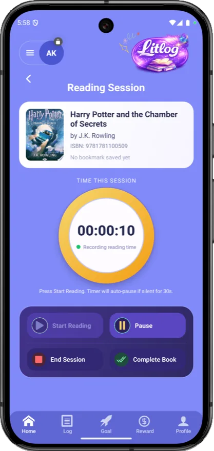 A LitLog reading session timing a chapter